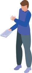 Fototapeta premium Young man is standing and gesturing with one hand while holding a piece of paper in the other