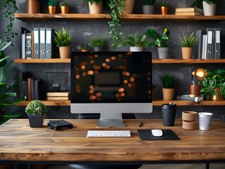 Organized Professional Workspace with Desktop Computer and Shelves