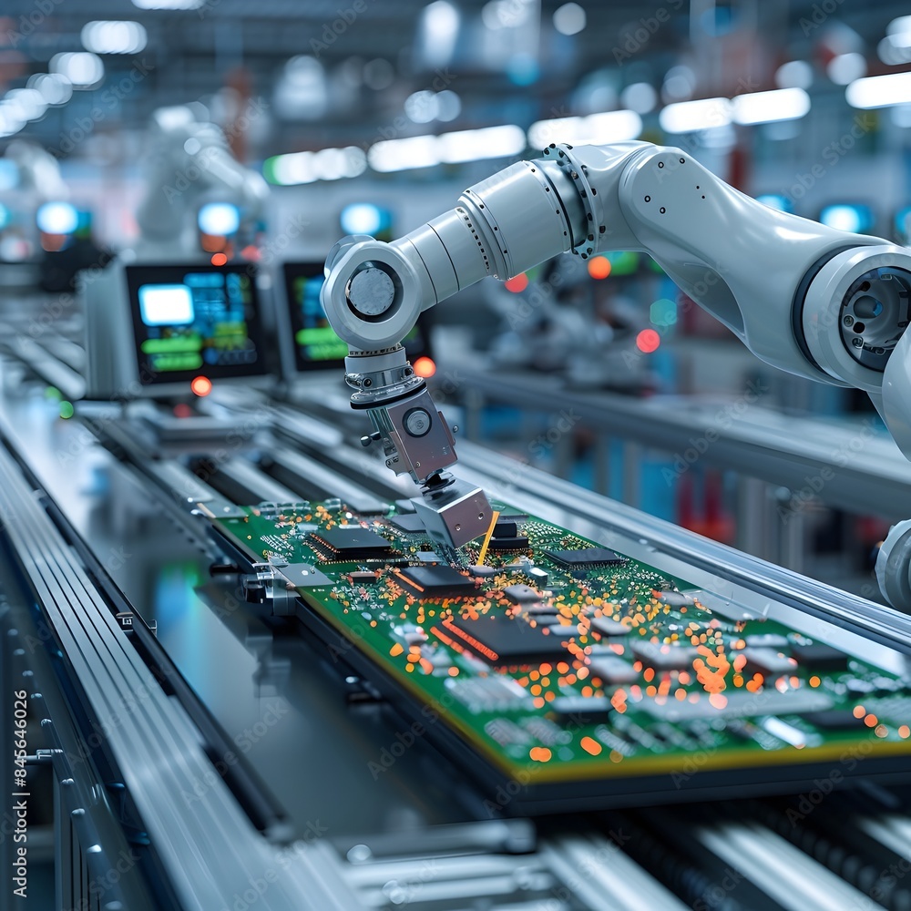 Poster robotic arm assembling high tech electronics on factory floor with precision