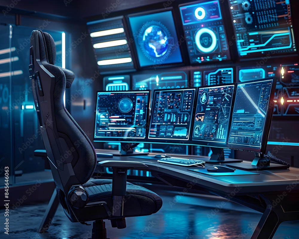 Poster futuristic workspace with holographic screens and advanced computers technology concept