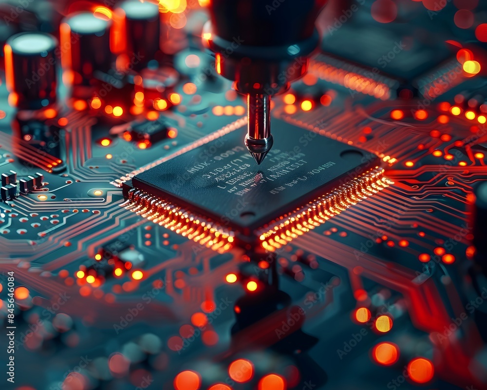 Poster close up view of intricate microchip installation on circuit board highlighting advanced technology