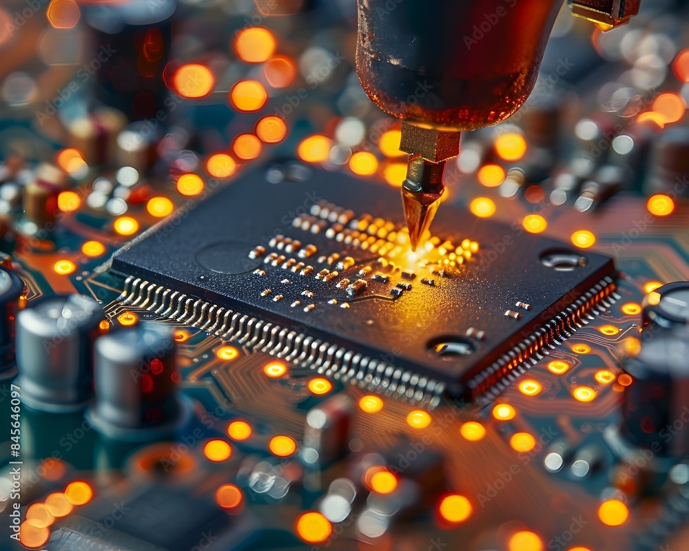 Aufkleber intricate microchip installation on circuit board highlighting advanced technology