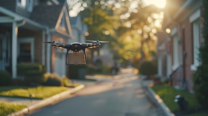 Drone Delivering Package in Suburban Neighborhood Showcasing Advanced Logistics Technology