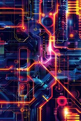 Graphic of illustration of a futuristic transportation network, accented by neon lights and hitech abstract patterns