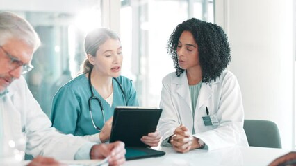 Team, doctors and tablet for research in meeting, nurses and medical app for healthcare. People, support and teamwork for patient diagnosis or treatment, talking and collaboration for cardiology