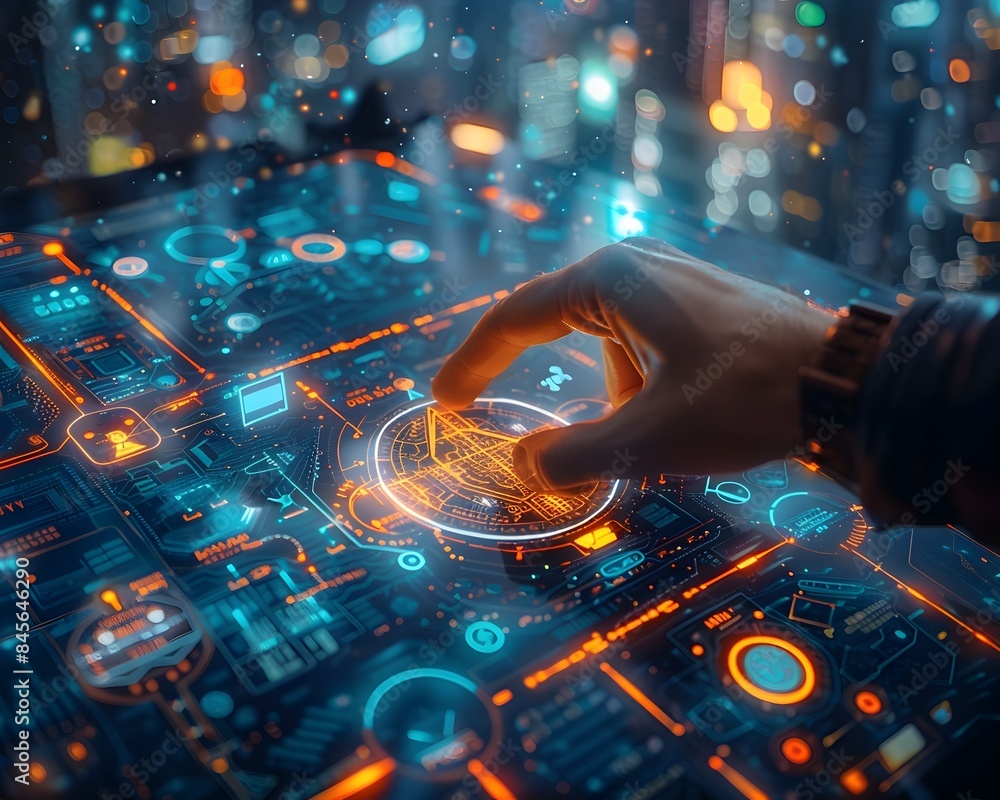 Poster futuristic navigation with holographic map in technologically advanced city