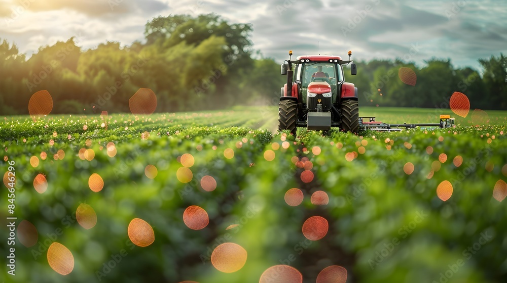 Poster futuristic high tech farm with automated tractors and ai powered crop monitoring