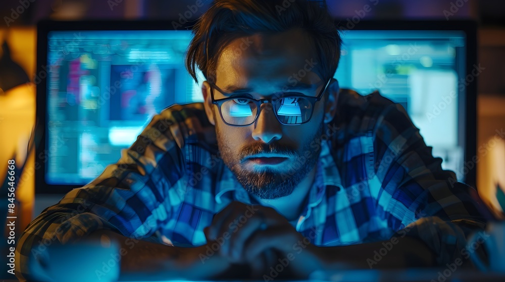 Poster fatigued software developer debugging code under blue glow of monitors