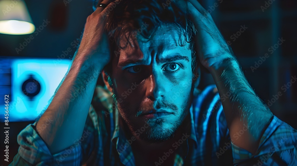 Poster exhausted software developer debugging code under blue glow of monitors