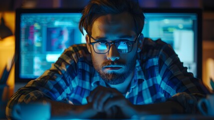 Fatigued Software Developer Debugging Code Under Blue Glow of Monitors