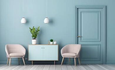 Stylish interior design of a modern living room with a cabinet, armchairs and a door on a blue wall background