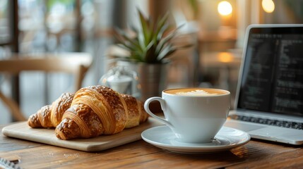 Freshly Baked Croissant and Cappuccino on a Sunny Morning Table