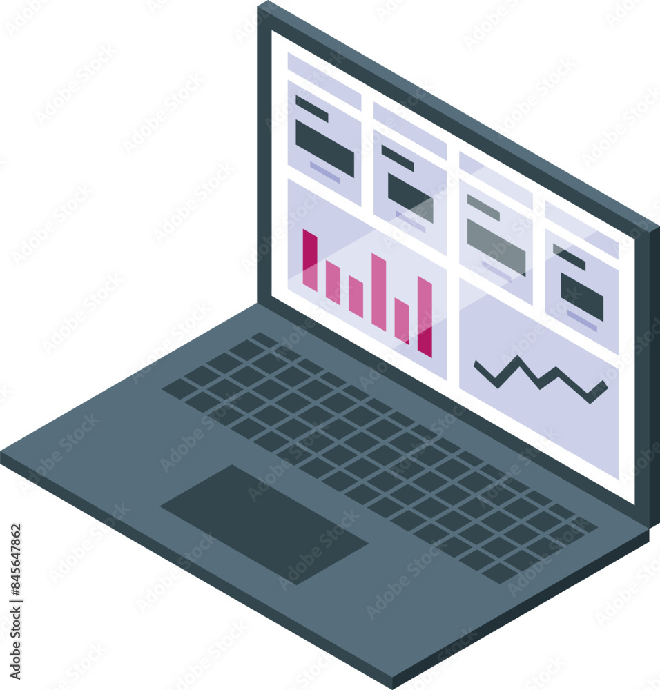 Poster laptop is displaying various charts and graphs, suggesting sophisticated data analysis and business 