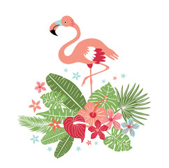 Vector illustration with pink flamingo and tropical plants, template for banners, cards, invitation cards, sales portcard t-shirt