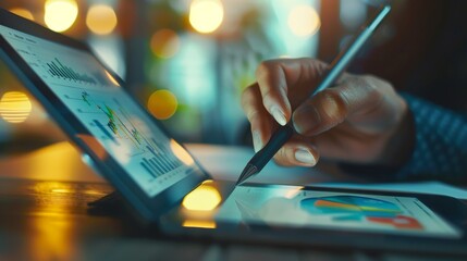 A person using a stylus pen to work on charts and graphs on a digital tablet, Generative AI