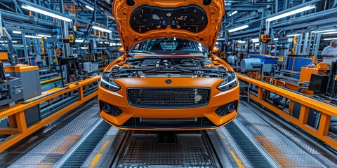 A state-of-the-art automotive assembly line featuring blue cars in various stages of production, highlighting modern manufacturing processes, and the automotive industry's technological advancements
