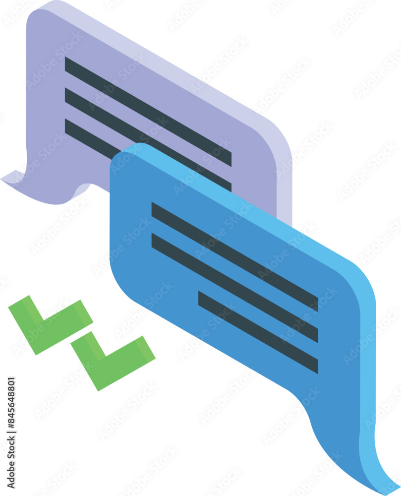 Poster two speech bubbles are overlapping with two green check marks, representing a successful online conv