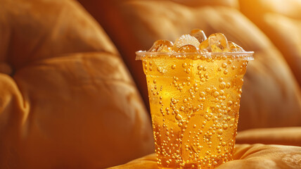 A plastic cup filled with fizzy soda and ice cubes on a couch.