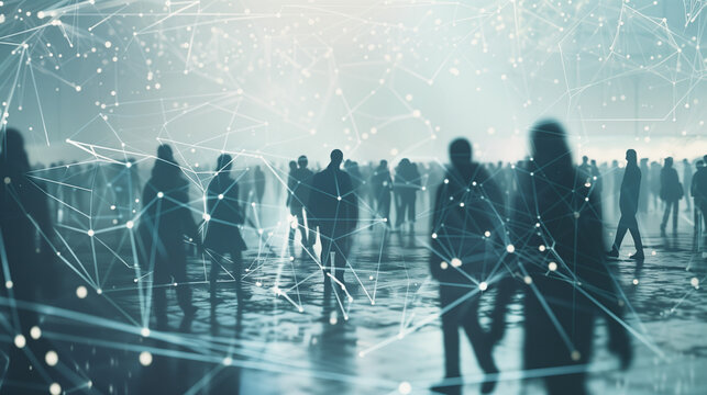 silhouettes of people interconnected by lines of light, white points and nodes. Background for a wallpaper of communication, digital identity, citizen control and social networks of contact