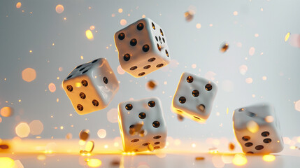 Five white dice with black dots are suspended in mid-air against a blurred background with orange and yellow bokeh lights.