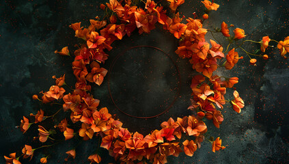 Wreath of orange flowers on black background copy space