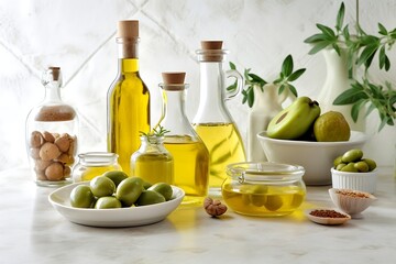 Group of bottles of oil and olives on a background