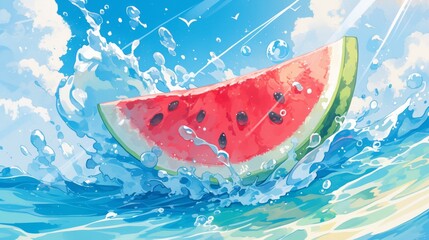 Slice of watermelon splashing in blue ocean waves on sunny summer day