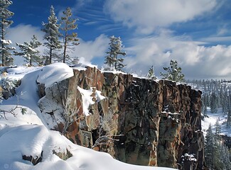 The rocks of the basalt plateaus in winter, covered with snow and surrounded by pine forests, have spectacular blue skies