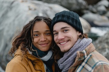 Fototapeta premium Portrait of a glad multicultural couple in their 20s wearing a thermal fleece pullover in rocky shoreline background