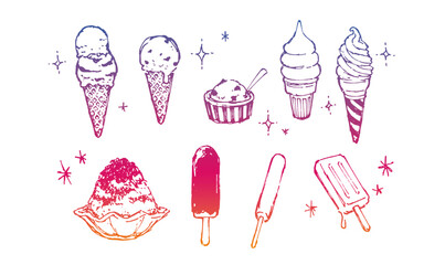お洒落で可愛い手描きの冷たいスイーツのイラスト装飾セット　ペン画　夏　アイスクリーム　ソフトクリーム　かき氷