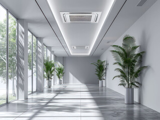 Interior room with ceiling mounted cassette type air conditioner alongside a modern lamp light on a ceiling. the duct air conditioner suitable for home