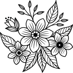 Hand drawn simple Floral flowers line art flat design outline, ornaments set. Doodle outline plant. Drawings element silhouette on white background