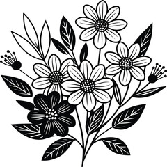 Hand drawn simple Floral flowers line art flat design outline, ornaments set. Doodle outline plant. Drawings element silhouette on white background