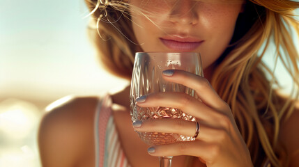 Closeup on woman hand holding a glass of rose or white wine at the beach at summer