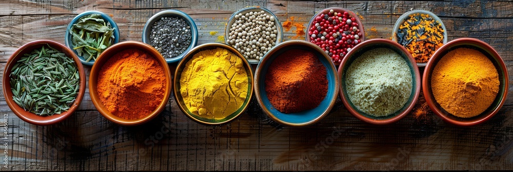 Poster A top-down view of colorful spices arranged in beautiful ceramic bowls on a rustic wooden surface. Generative AI