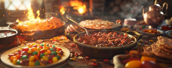 Friends having a chili cook-off for National Candy Day, November 4th, tasting different chili recipes and sweet treats, 4K hyperrealistic photo.