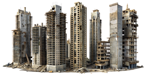 Set of ruined skyscrapers isolated on transparent background, PNG .AI GENERATED