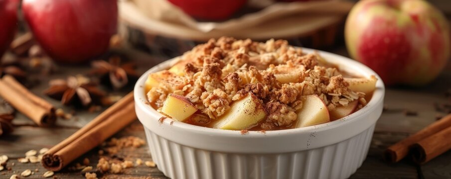 Making apple crisp for National Apple Betty Day, October 5th, warm dessert and cinnamon aroma, 4K hyperrealistic photo. - Powered by Adobe