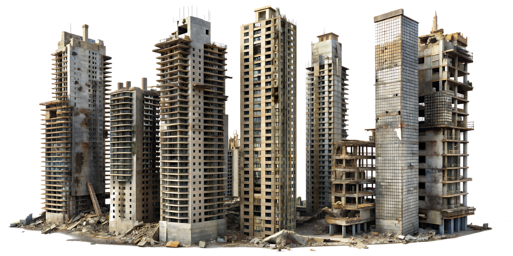 Set of ruined skyscrapers isolated on transparent background, PNG .AI GENERATED