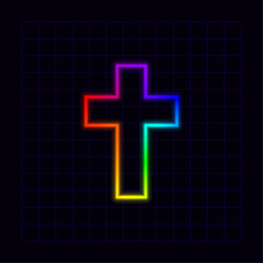 Fototapeta premium Cross icon, neon rainbow visuals, gradient mesh graphics, glowing colorful aesthetic.