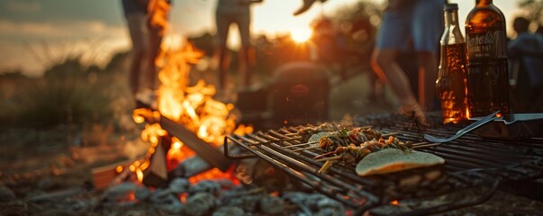 Friends hosting a bonfire for National Taco Day, October 4th, grilling tacos and enjoying the warmth, 4K hyperrealistic photo.