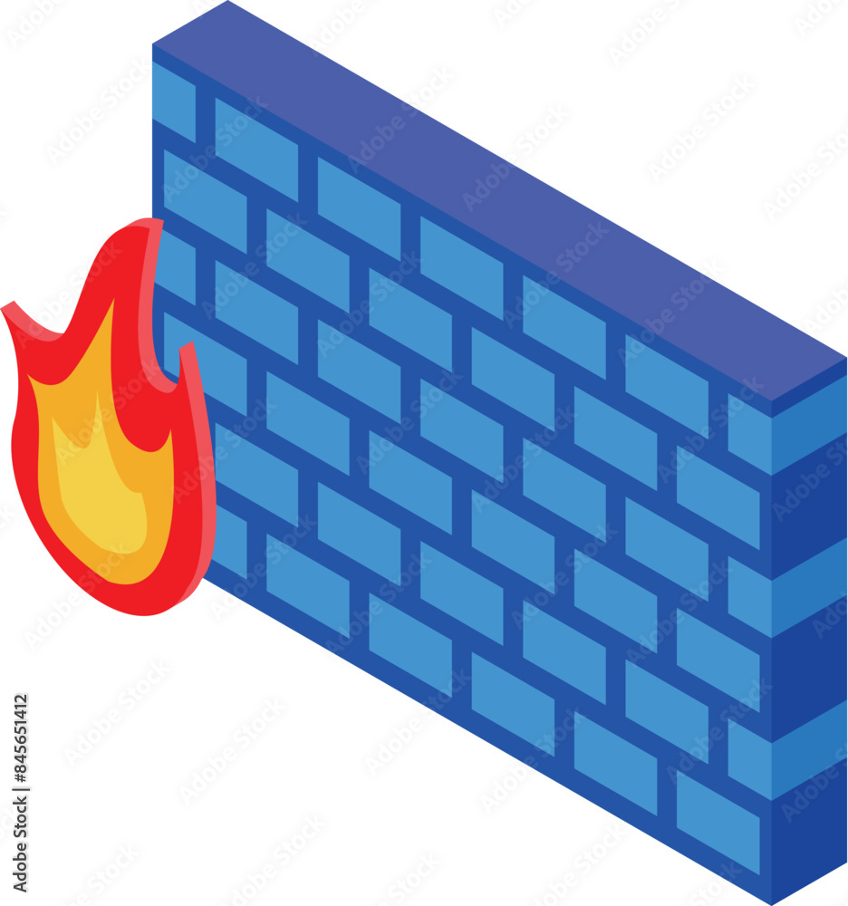 Poster firewall is protecting a network from an internet virus, as represented by the burning fire symbol