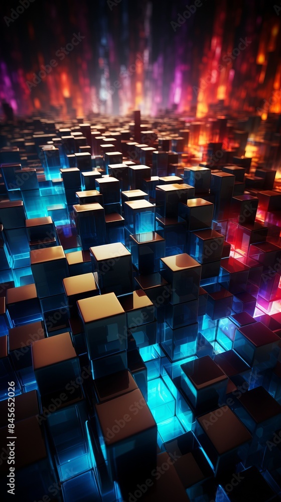 Poster abstract and futuristic vertical background. cubes and the lights are in different colors