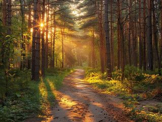 Obraz premium Sunlit Forest Trail at Dawn