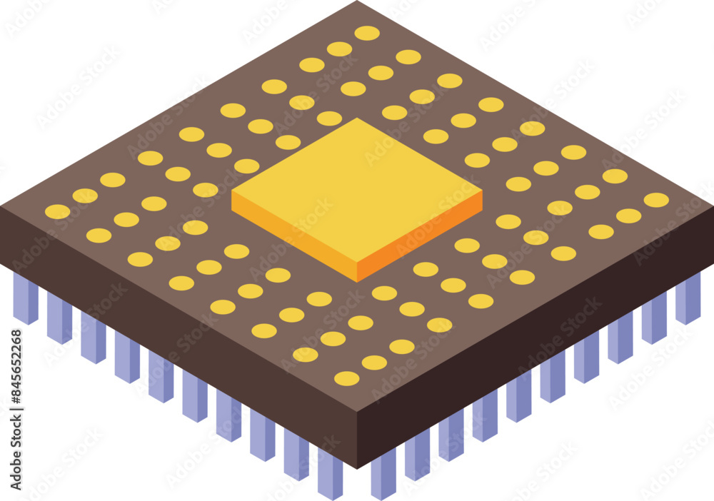 Poster modern microchip showing isometric view with golden contacts and violet pins is lying on white backg
