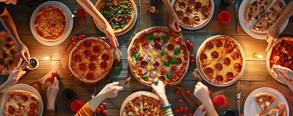Friends having a pizza night for National Pizza with the Works Except Anchovies Day, November 12th, making and enjoying diverse pizzas, 4K hyperrealistic photo.