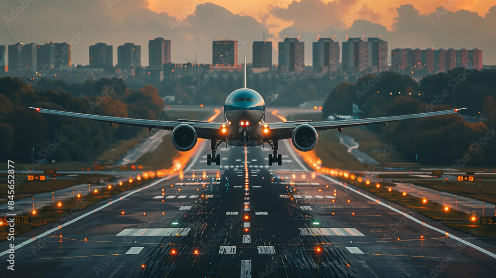 Wall mural a commercial airplane landing on a runway at sunset with city buildings in the background.