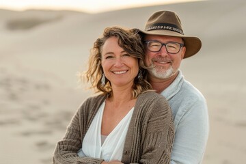Obraz premium Portrait of a cheerful couple in their 30s wearing a chic cardigan while standing against serene dune landscape background