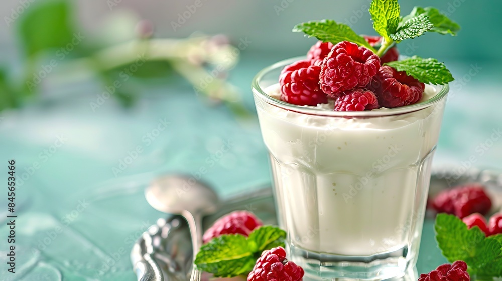 Poster Fresh yogurt dessert with raspberries and mint leaves in a glass. The photo captures a refreshing and healthy treat. Styled with a natural look. Ideal for cooking blogs and health food websites. AI