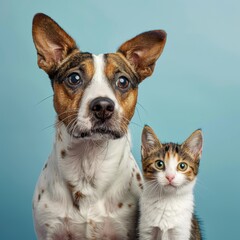 Portrait of Happy beagle dog and Jack Russell and Calico  tabby cat looking into studio camera...